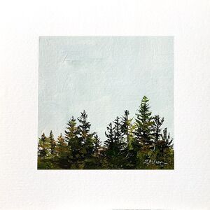8x8 PNW Original Oil Painting Landscape Pine Trees Nature Forest Minimal Signed